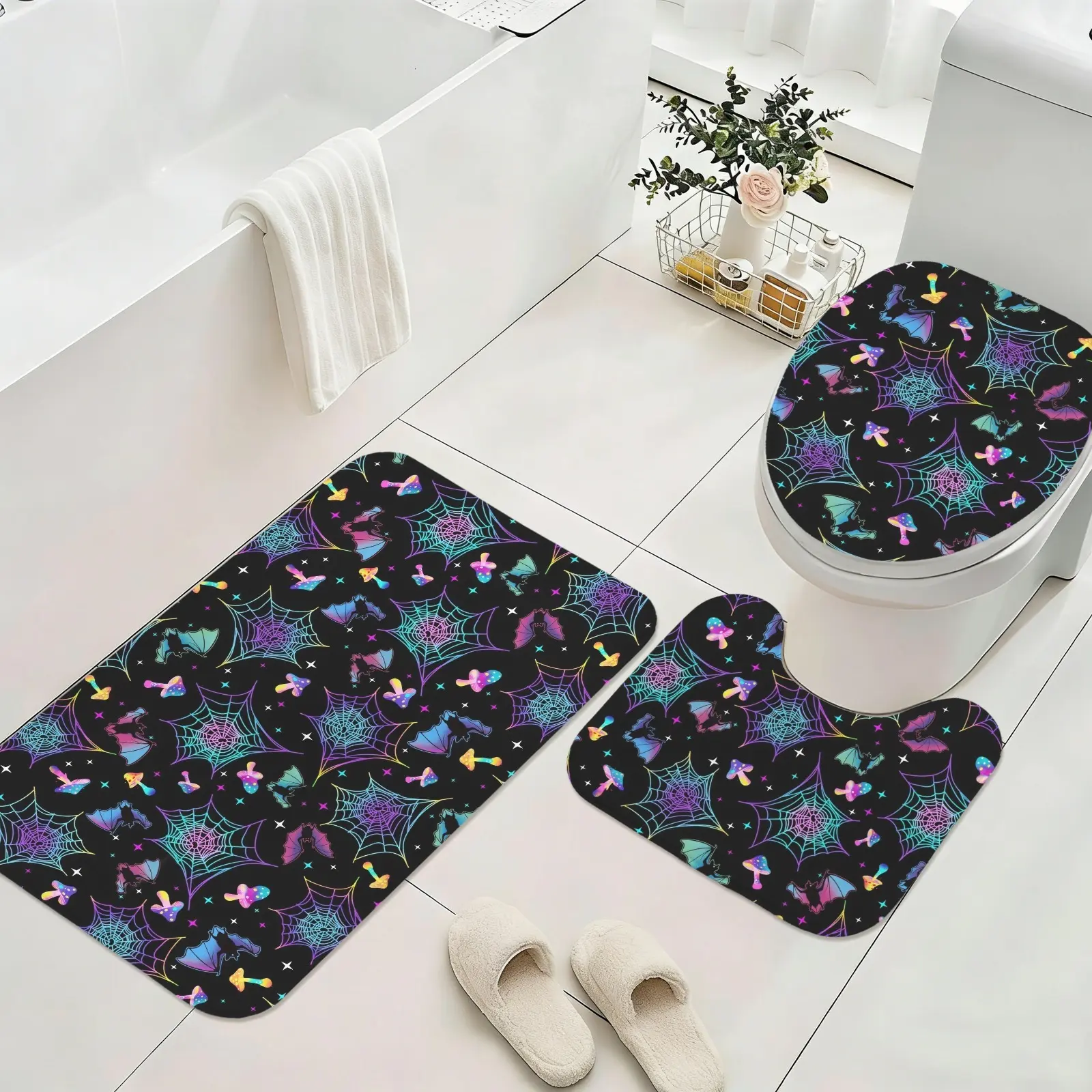 Non Slip Absorbent 3 Piece Bathroom Rug Set Classic Gothic Skull Skeleton Red Purple Rose Dark Art Floor Mat U Contour Toilet Rug Toilet Lid Cover for Shower Bathroom Holiday Gathering Wipeable Washable Bathroom Decor Kit