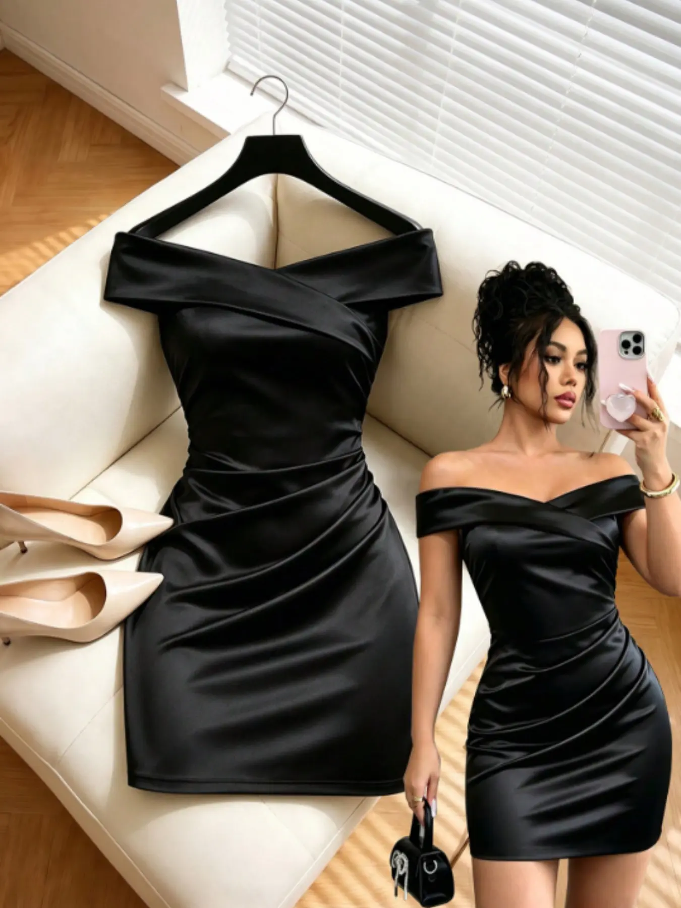 European and American Style One-Shoulder Cross Back Short Dress, Side Pleat Waist Cinch Slim Fit Party Skirt, Trendy Fashion