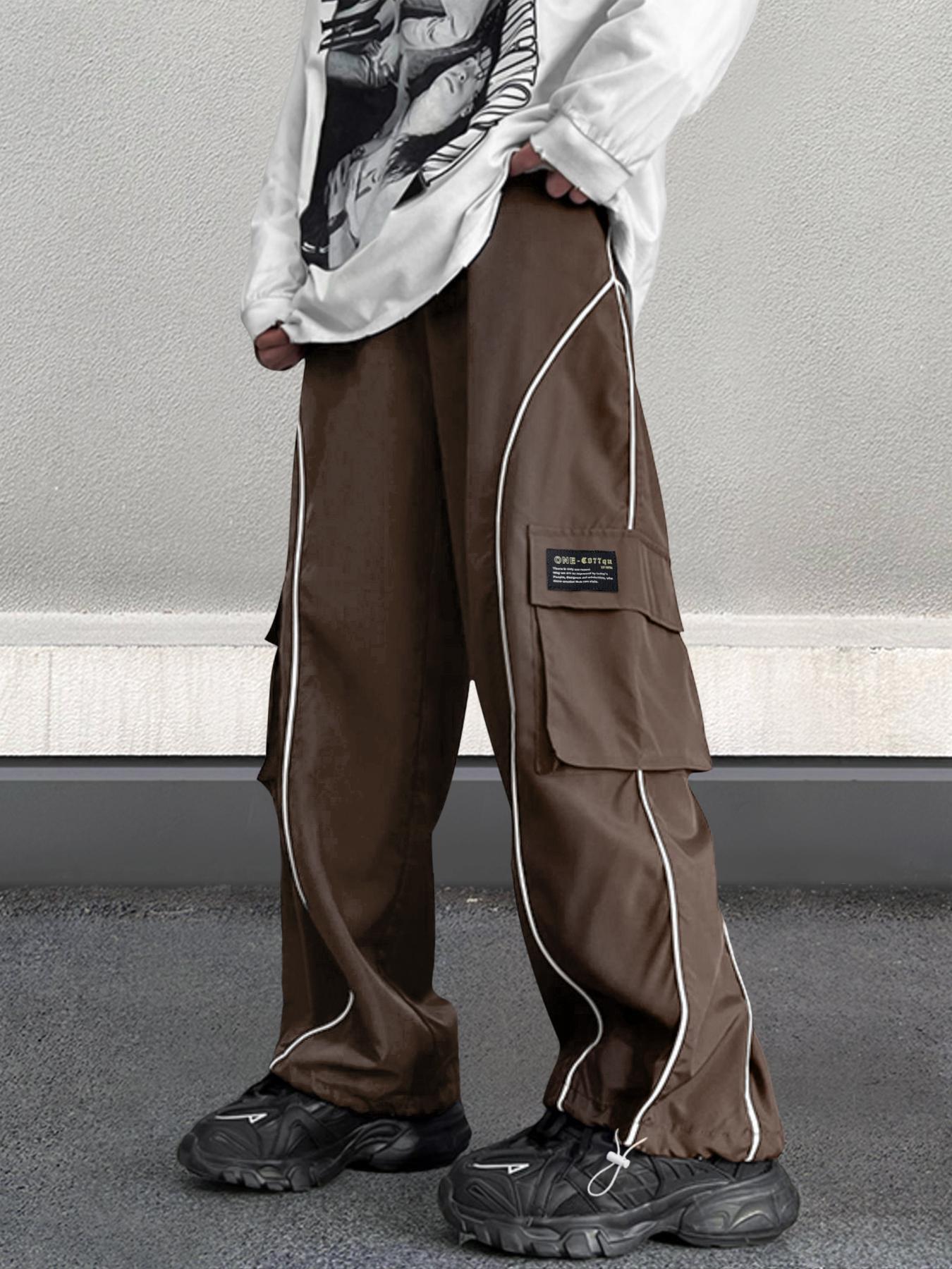 Men's Loose Letter Patched Contrast Binding Pocket Detail Drawstring Cargo Pants, Mens Pants, Casual Trousers for Spring Fall Winter
