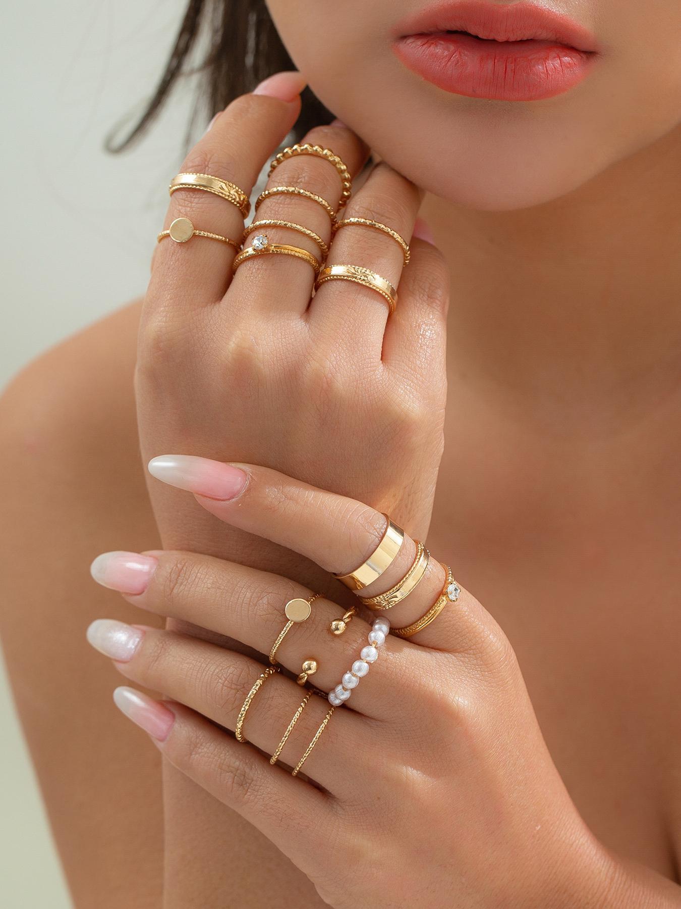 Women's 16pcs Faux Pearls Decor Rings, Rhinestone Embellish Ring Set