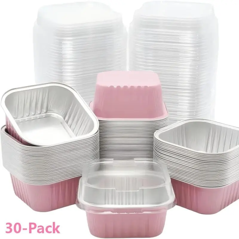 30-Pack Square Mini Aluminum Foil Cake Pans, 5oz/150ML, with Plastic Lids, Baking Cups, Dessert Containers, Baking Dish with Lid, Ideal for Promotions, Picnics