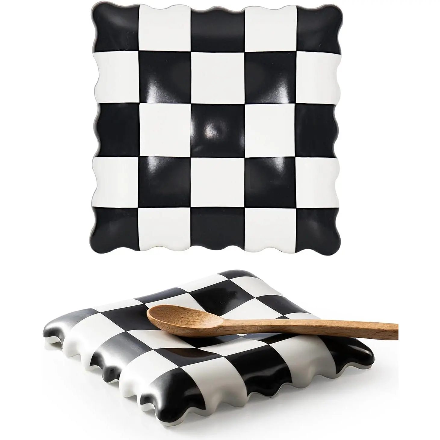 Ceramic Spoon Rest - Unique Checkered Spoon Holder Multipurpose for Stove Top, Kitchen Counter & Coffee Station | Super Cute Kitchen Decor & Hot Coffee Accessories for Housewarming