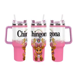 Cute Latina Gift Tumbler 40oz, Pink Ombre Highland Cow With Leopard Print Bow Design, Spanish Charming Lady Slogan Art, Hot Pink Handle Insulated Cup, Flip Spill Proof Lid With Straw, Birthday & Holiday Present For Mexican Hispanic Women