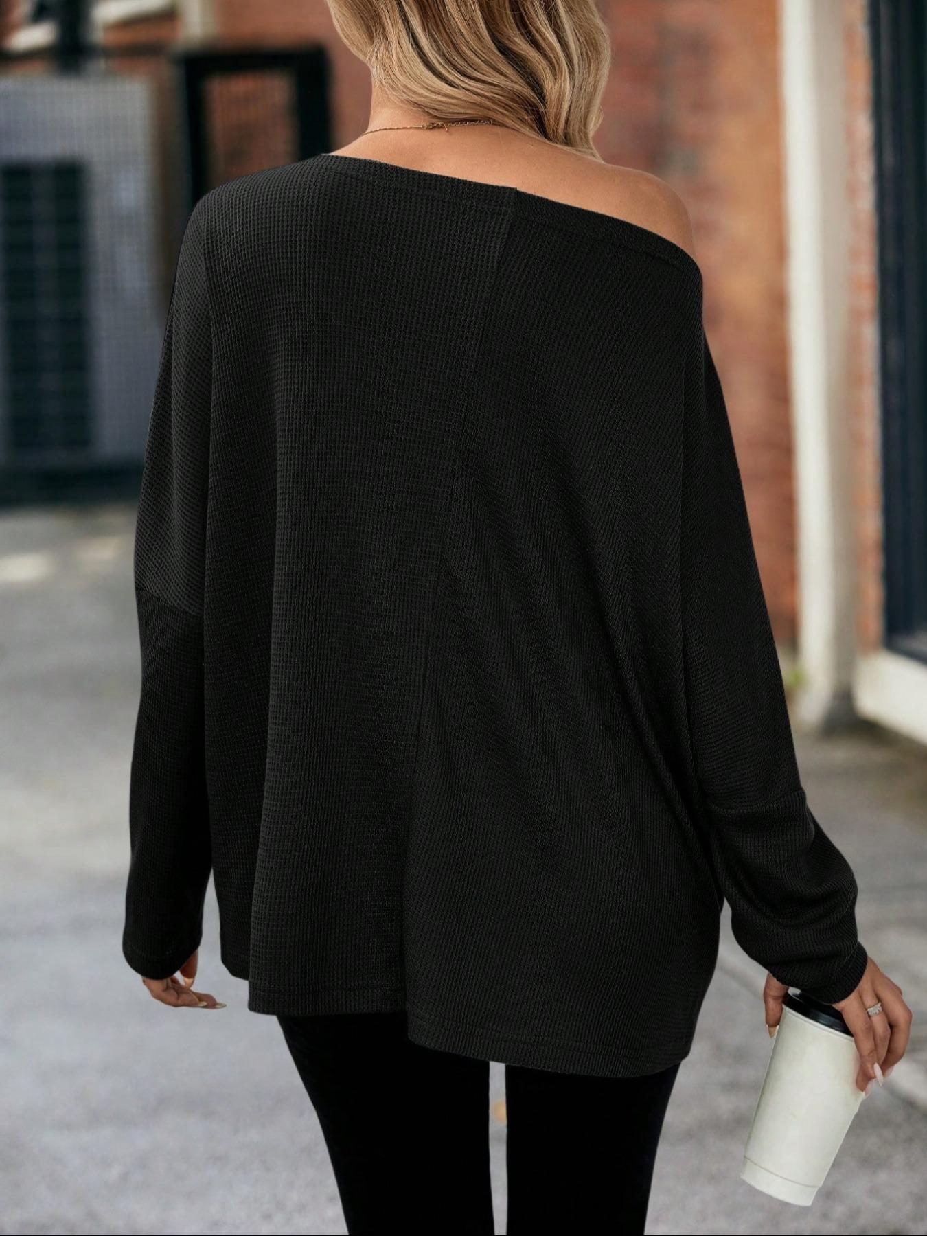 Women's Plain Textured Batwing Sleeve Tee, Casual Drop Shoulder Long Sleeve T-shirt for Spring & Fall, Women's Top for Daily Wear, Casual Breathable Top
