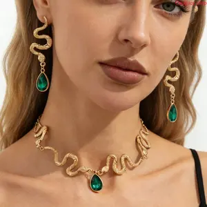 Punk Edgy Snake Link Choker Necklace, curved geometric design inlaid with teardrop gemstone, sweet cool statement women neck jewelry for streetwear, nightclub outings and trendy daily outfit matching