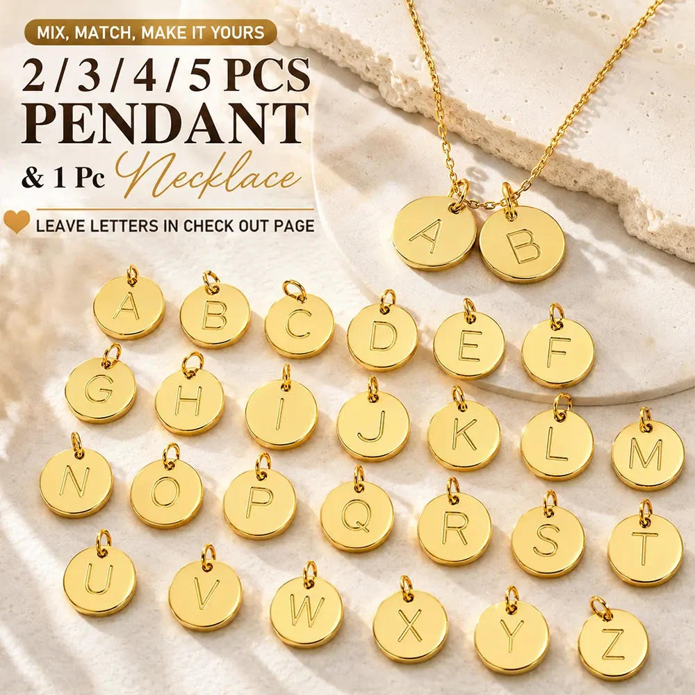 2/3/4/5Pcs Trendy Initial Pendant, 18K Gold Plated Personalized A-Z Initial Round Pendant Necklace Custom Letter DIY Accessories Couple Jewelry Charm Handmade Pendant Set