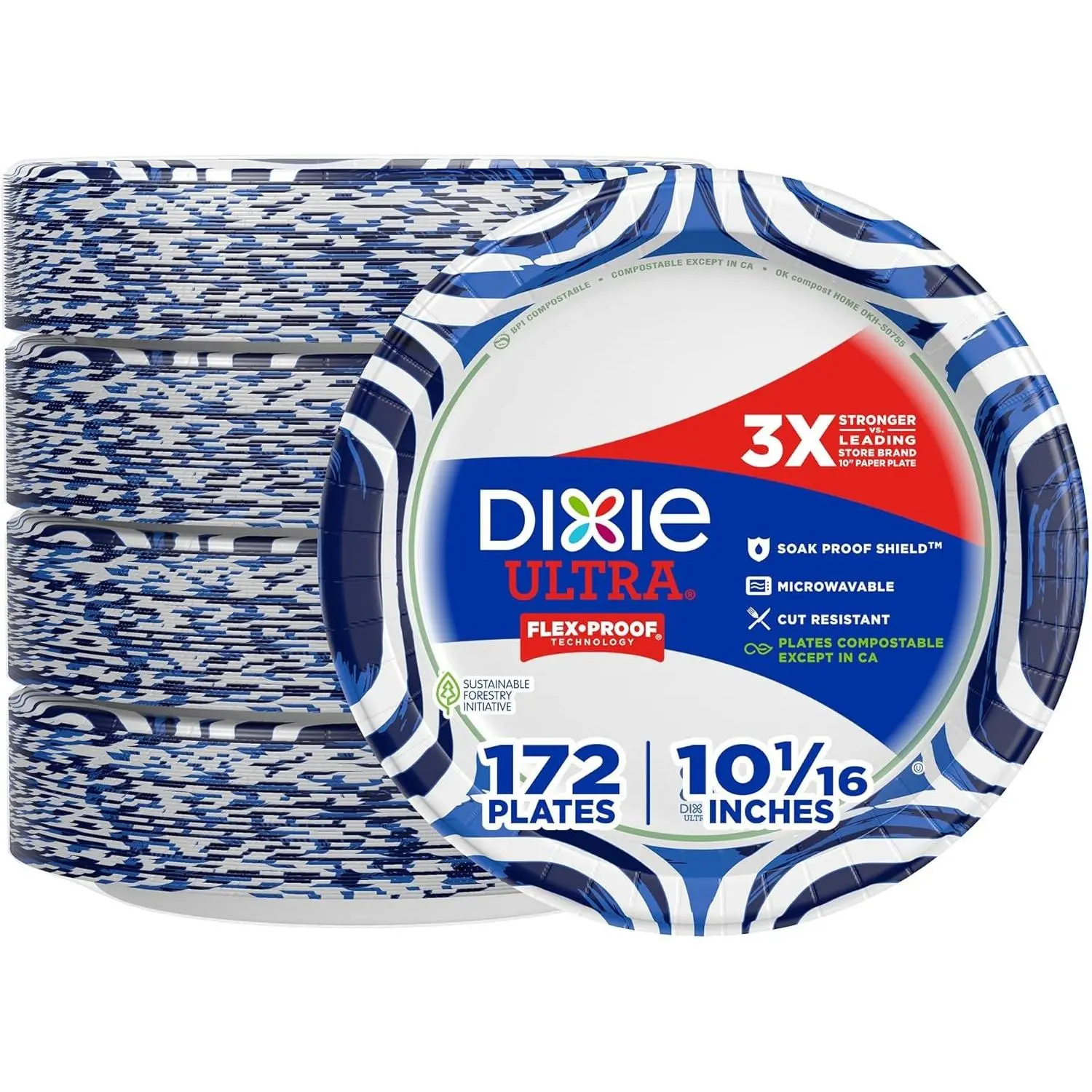 Dixie Ultra, Large Paper Plates, 10 Inch, 172 Count (4 packs of 43 plates), 3X Stronger*, Heavy Duty, Microwave-Safe, Soak-Proof, Cut Resistant, Disposable Plates For Heavy, Messy Meals