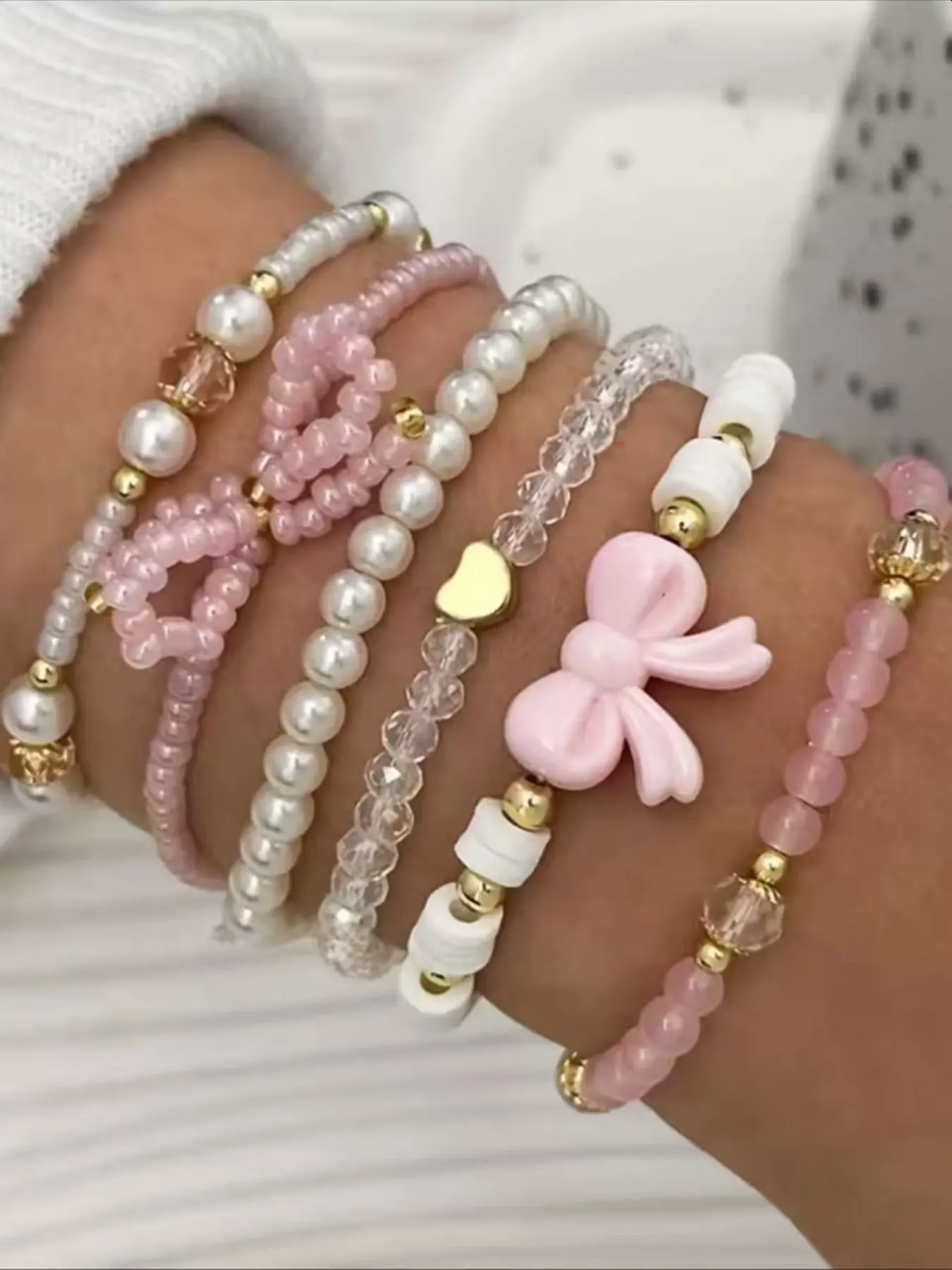 6pcs/set Fashionable Heart & Bow Beaded Bracelet Set for Women, Elegant Jewelry Gift Idea, Perfect Accessory for Any Occasion, Beaded Bracelets Set