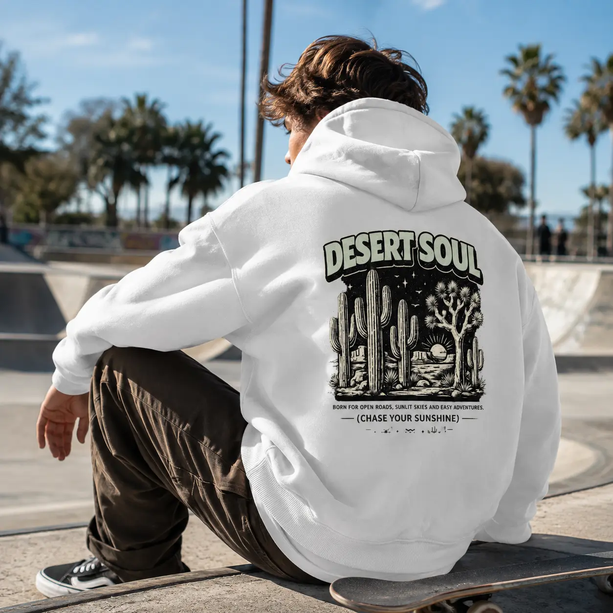 Men's Vintage Western Desert Soul Hoodie - Menswear Tops, Retro Cactus Boho Outdoor Back Print, Ribbed Hem, Kangaroo Pocket Pullover Sweatshirt, Breathable, Casual