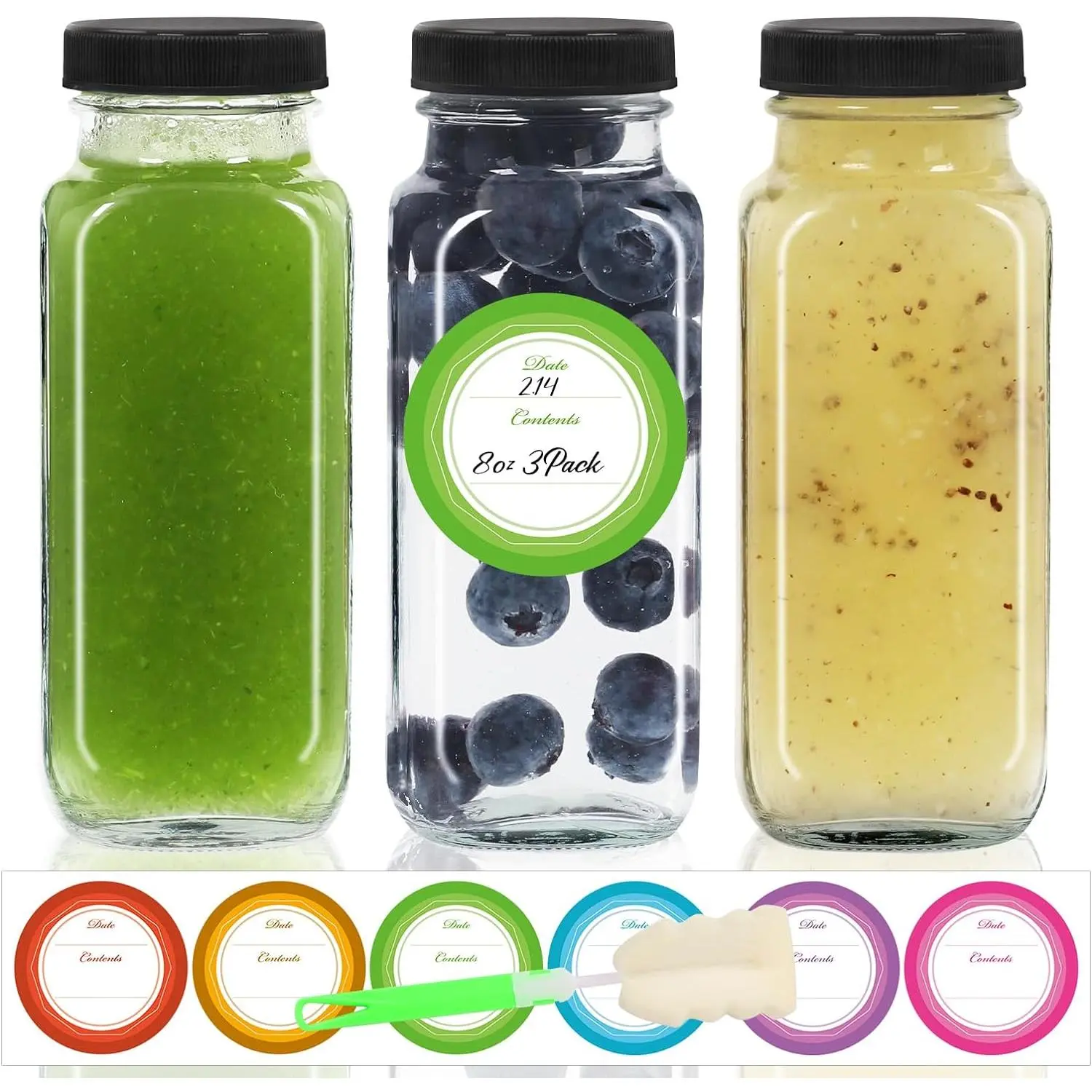 8oz 3-Pack Glass Juice Bottles with Leak-proof  | Square  Drinking Jars for Juicing, Milk, Kombucha - Includes 1 Bottle Brush, 6 Colored Labels