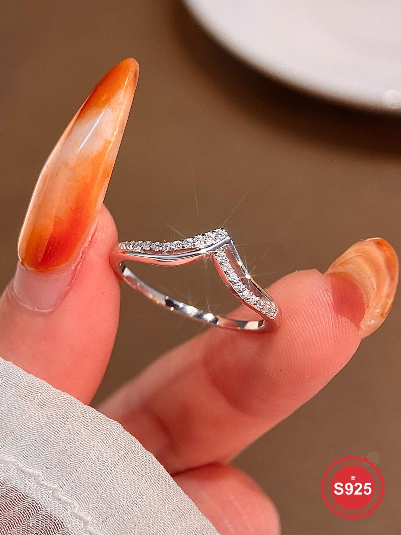 S925 Sterling Silver V-shaped Artificial Zircon Ring, Fashion Promise Ring, Fashion Accessories for Women & Girls, Trendy All-match & Exquisite Jewelry for Birthday Gift, Adjustable Rings