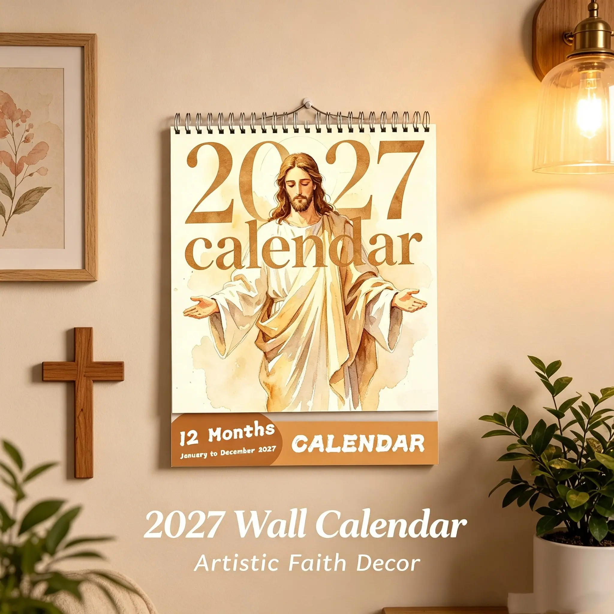 2027 Christian Desktop Wall Calendar, Thick Paper Jesus Art Calendar, Home Office Church Decor, 12-Month Planner, Holiday Gift