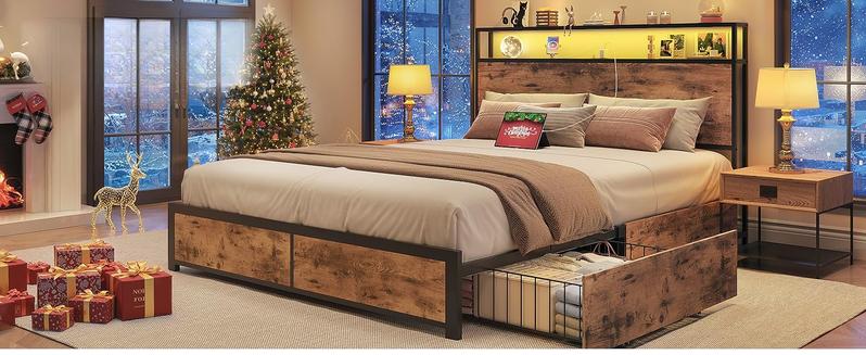 Queen Bed Frame with 2-Tier Storage Headboard, Metal Platform Bed Frame with 4 Storage Drawers, Built in Charging Station & LED, Noise-Free/Metal Support/No Box Spring Needed, Vintage Brown