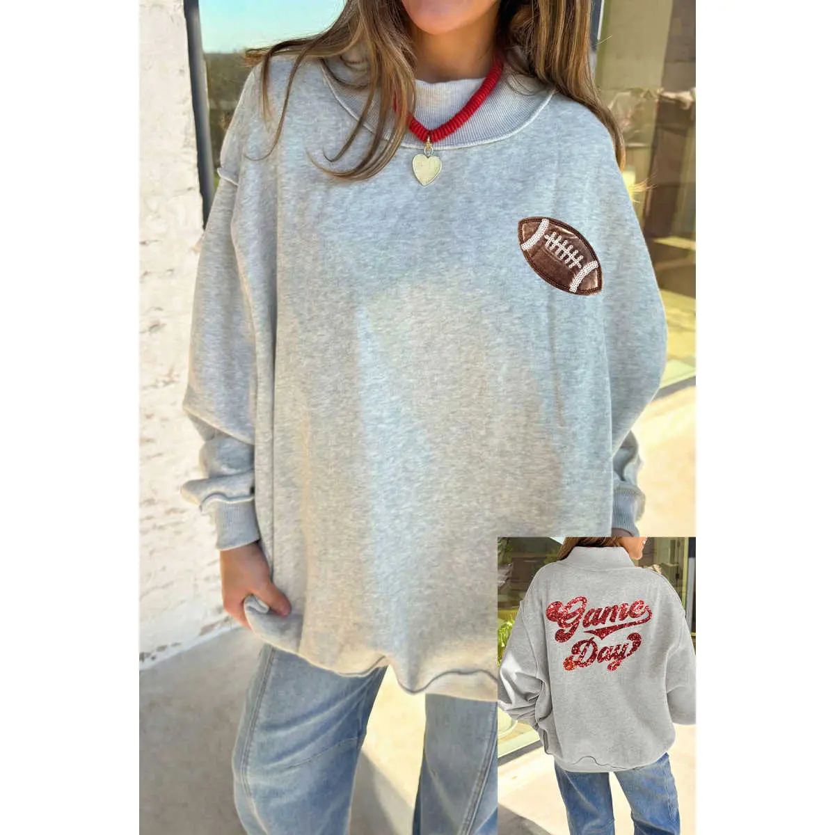 Light Grey Football Patch Sequin Game Day Lettering Mock Neck Tunic Sweatshirt