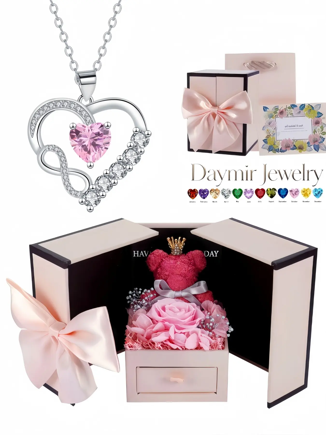 Elegant heart‑shaped infinity‑symbol necklace with twelve glossy birth‑stones. Packed in preserved‑rose bear jewellery box, it makes a charming surprise gift for birthdays, Valentine’s Day, Mother’s Day and Christmas.