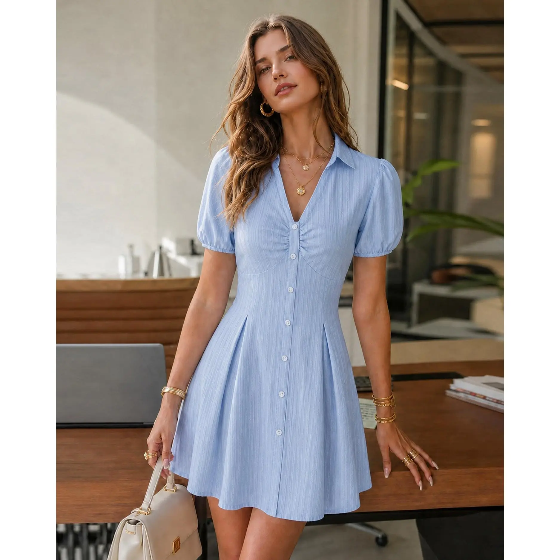 Blue Collar Puffed Sleeve Button Mini Dress
