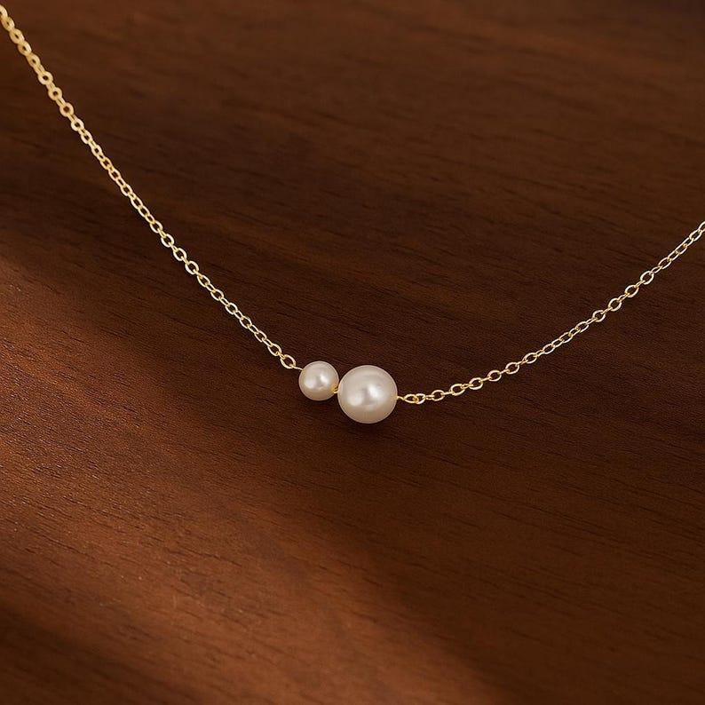 Handmade Gold Pearl Necklace – 14K Gold Plated Dainty Jewelry with Two Pearls, Simple Elegant Chain for Women, Ideal Gift for Mother’s Day, Wedding, or Graduation, Hypoallergenic and Nickel-Free
