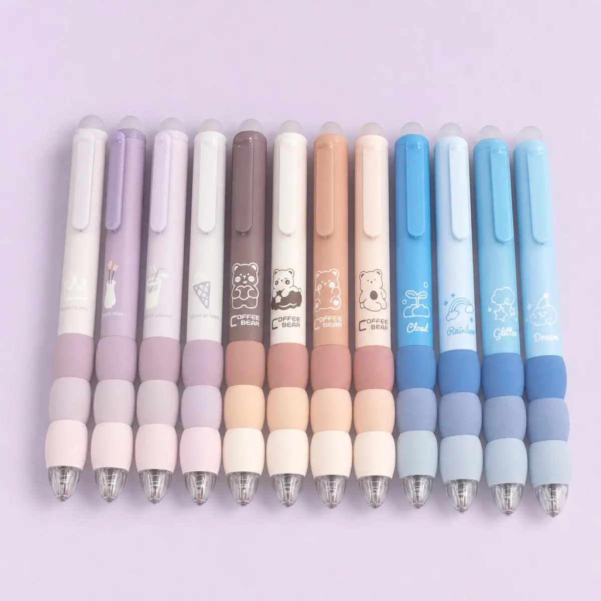 12 Pcs Erasable Gel Pens 0.5mm Black Ink, Cute Pastel Aesthetic Pens with Soft Ergonomic Bubble Grip, Smooth Writing Friction Erasable Pens, Kawaii School & Office Stationery Supplies