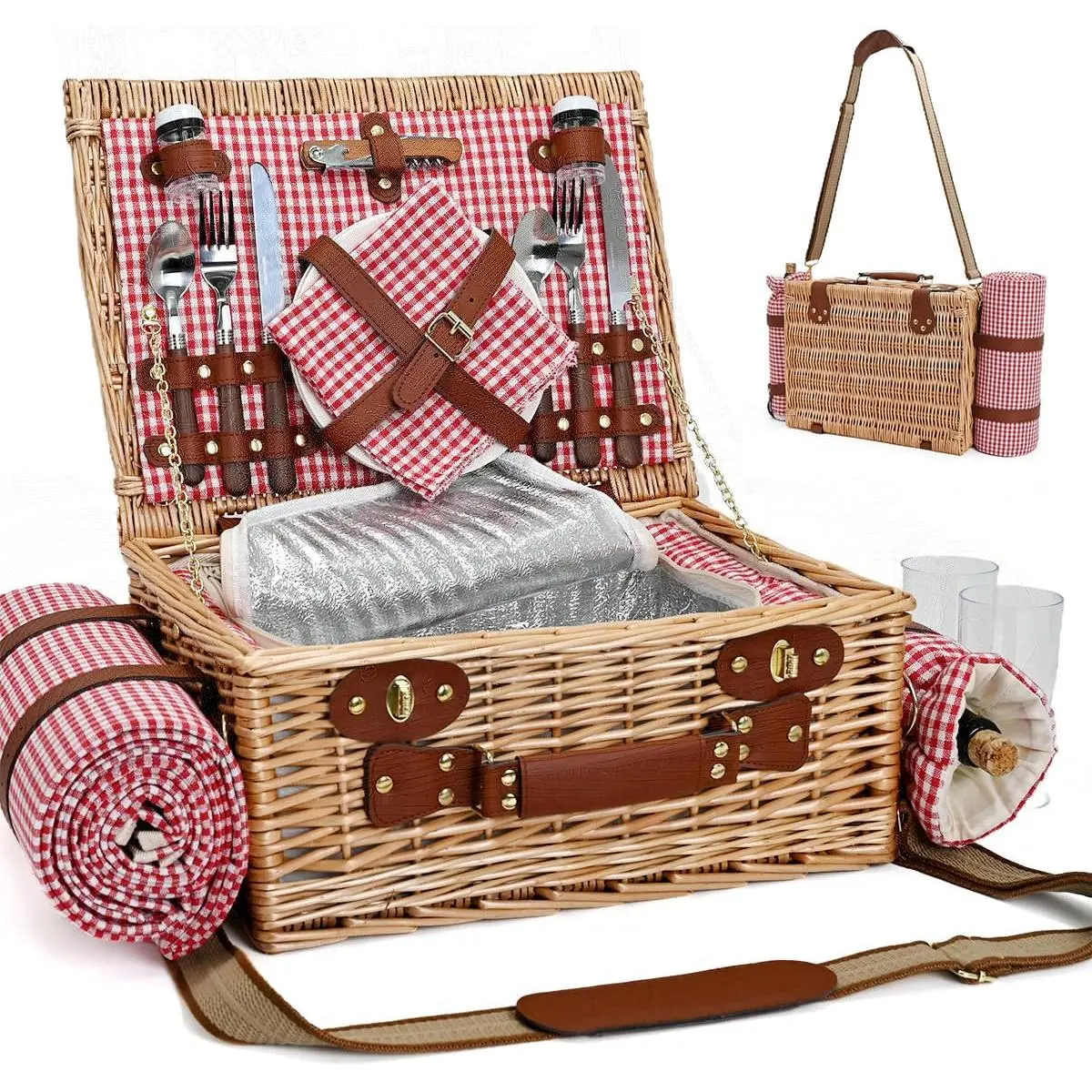 Red Checkered Gingham 2-Person Wicker Picnic Hamper Set with Tablecloth Rectangular, Insulated Liner Cooler Bag, Wine Pouch for Camping, Wedding
