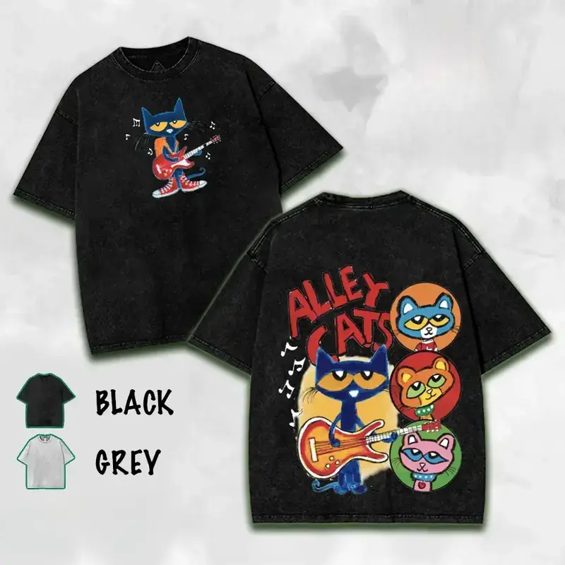 Pete the Cat vintage washed cotton tee, single rock cat front emblem & full four-color band cat ALLEY CATS back illustration, breathable crew neck daily wear great for family trips, cartoon fan birthday gifts