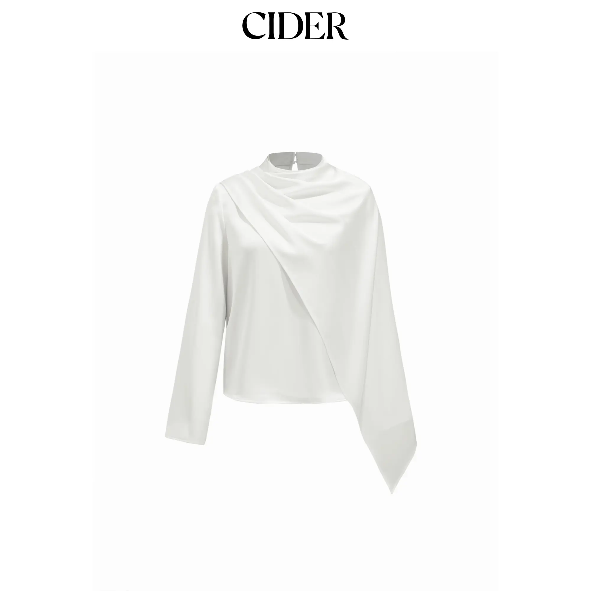 Cider Satin High Neck Draped Long Sleeve Blouse With Scarf