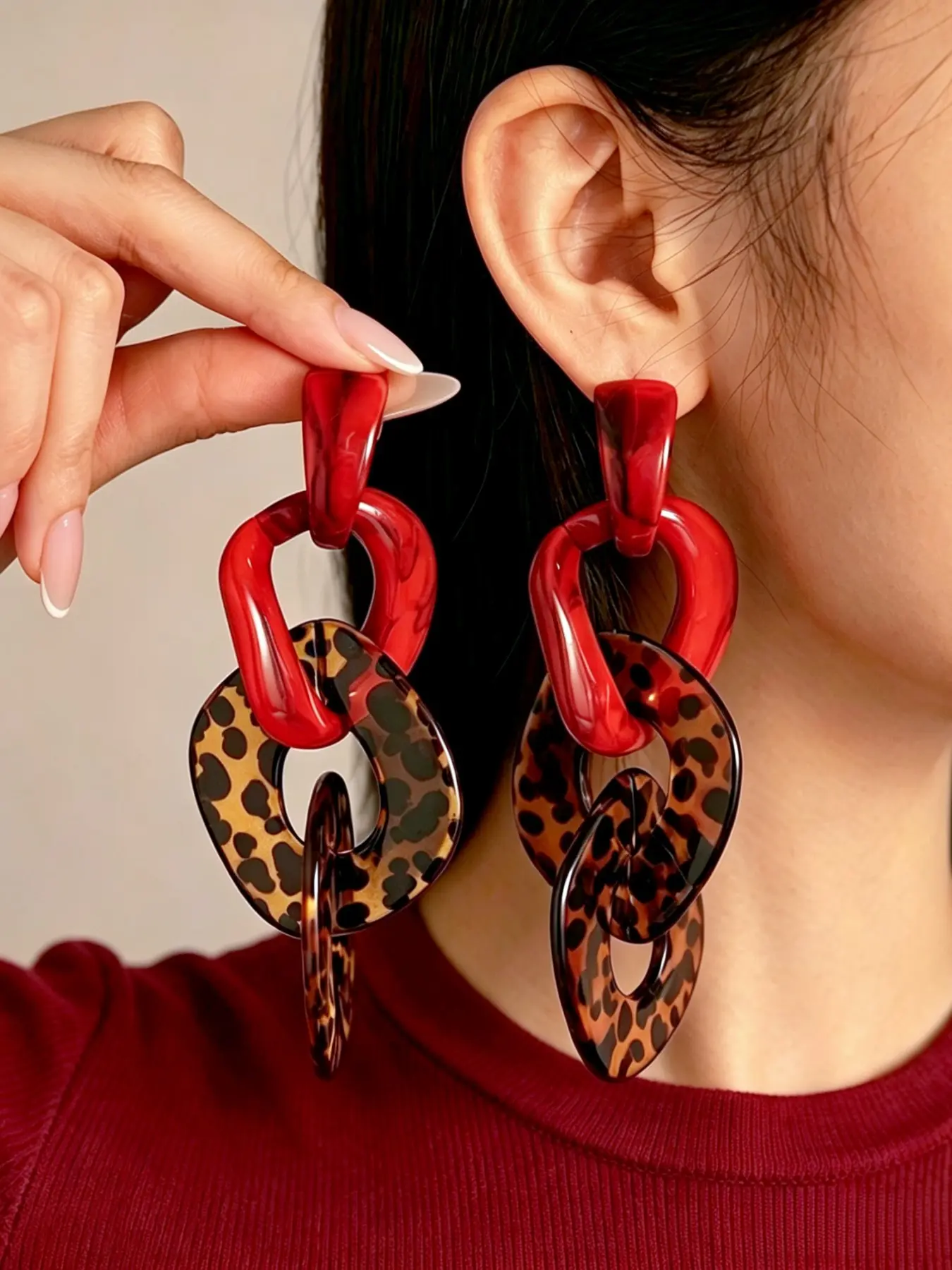 Acrylic Leopard Print Geometric Interlocking Earrings, Perfect for Women's Daily Wear, Ideal for Parties and Holidays, Fashion, Boho Style Jewelry