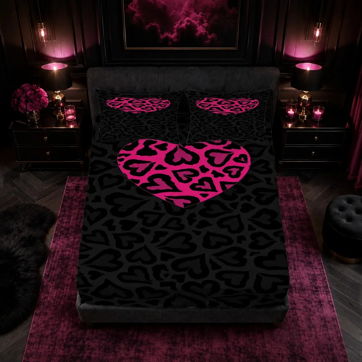 3‑Piece Fitted Sheet Set, Sweet‑Cool Y2K Black‑Pink Heart Leopard Digital Print, 1 Fitted Sheet + 2 Pillowcases, No Insert, Perfect for Teen Girls Bedroom & Dorm Home Bedding Decor, Bed Sheets Set