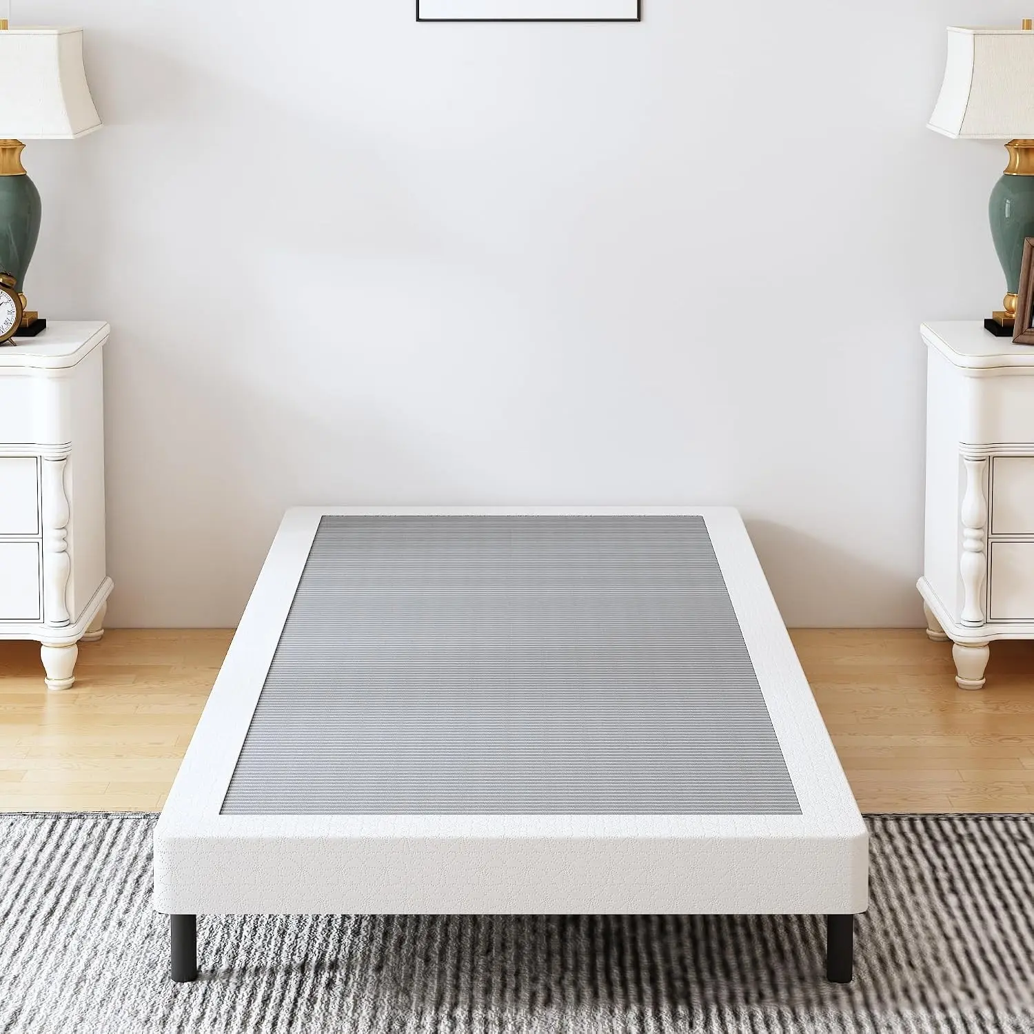 Twin 4-Inch Heavy Duty Metal Mattress Foundation with Fabric Cover, Easy Clean Surface, 3000lbs Weight Capacity, Non-Slip Design, No Noise Operation, Tool-Free Easy Assembly