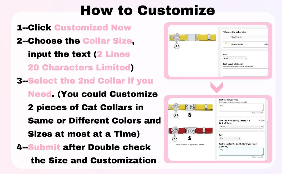 Personalized Safety Elastic Cat Collars with Bell,Laser Customized Stretch Kitten Collars for Girls Boys Cats-Pink