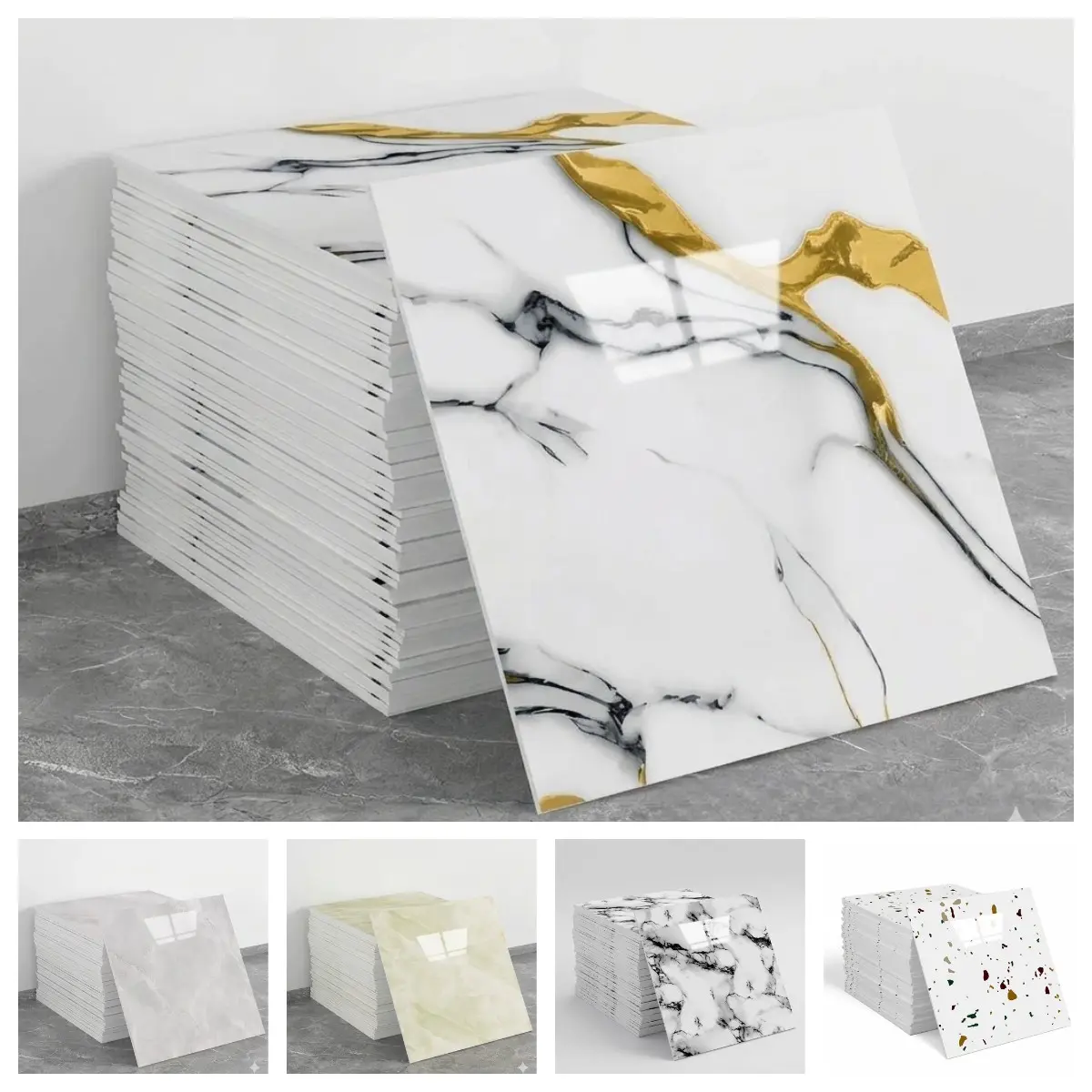 20-piece Pack of White-Gold Marble Pattern Wall Stickers, easy to peel and stick with convenient installation. Ideal for wall and floor renovation in kitchens and bathrooms as well as furniture decoration. Waterproof and oil-resistant