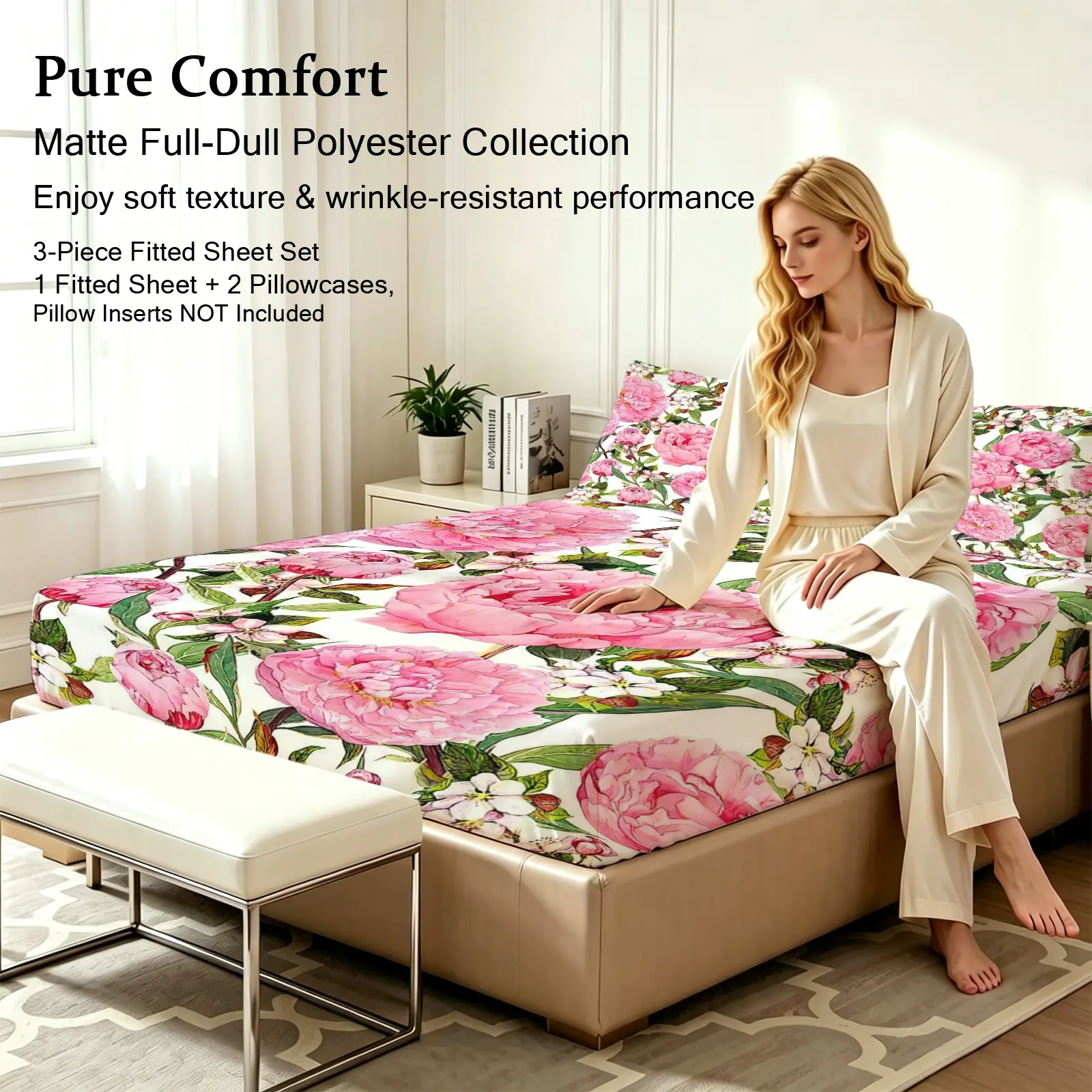 3pcs Fitted sheet Peony Floral Printed Bedding Set, Soft Wrinkle-resistant Fade-proof Breathable Polyester Fitted Sheet Set with 2 Pillowcases, Comfortable for Bedroom Home, Fit Twin Full Queen King Size