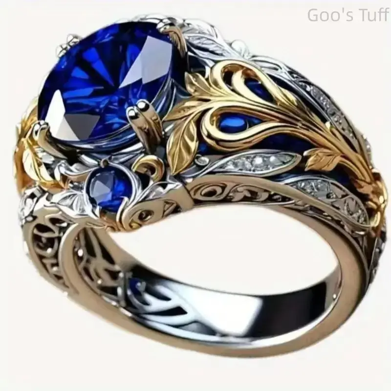 Women's 2-Tone Silver Gold Vintage Leaf Filigree Ring - Oval Blue Sapphire, Hollow Engraved Wide Band, Non-Fade Skin-Friendly Elegant Promise Ring, Luxury Holiday Jewelry Gift, Promise Rings, Elegant Ring