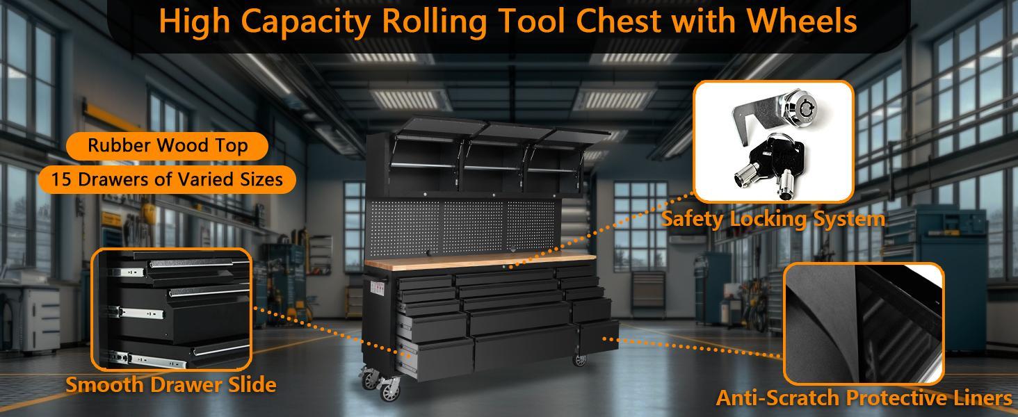 72-inch Rolling Tool Chest Cabinet Garage Workbench with 15 Storage Drawers and Wheels, 3 Upper Cabinet, Pegboard, Steel Large Tool Box for Garage Workshop, Matte Black