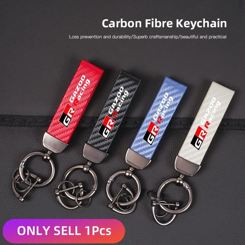 Carbon Fiber Textured Leather Keychain Motorcycle Keyring For Toyota GR Sport Gazoo Racing RAV4 C-HR Mirai