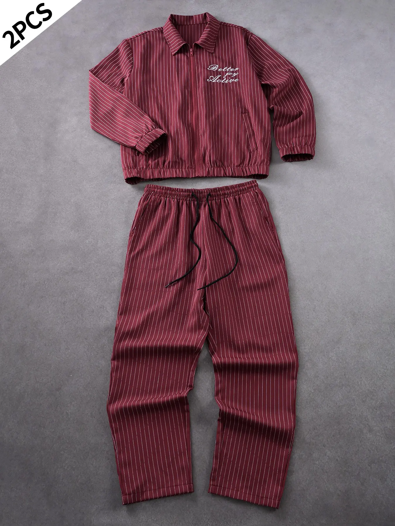 Men's Wine Striped Two-Piece Set, Zipper Stand Collar Long Sleeve Jacket & Drawstring Long Pants, Casual Streetwear for Fall & Winter