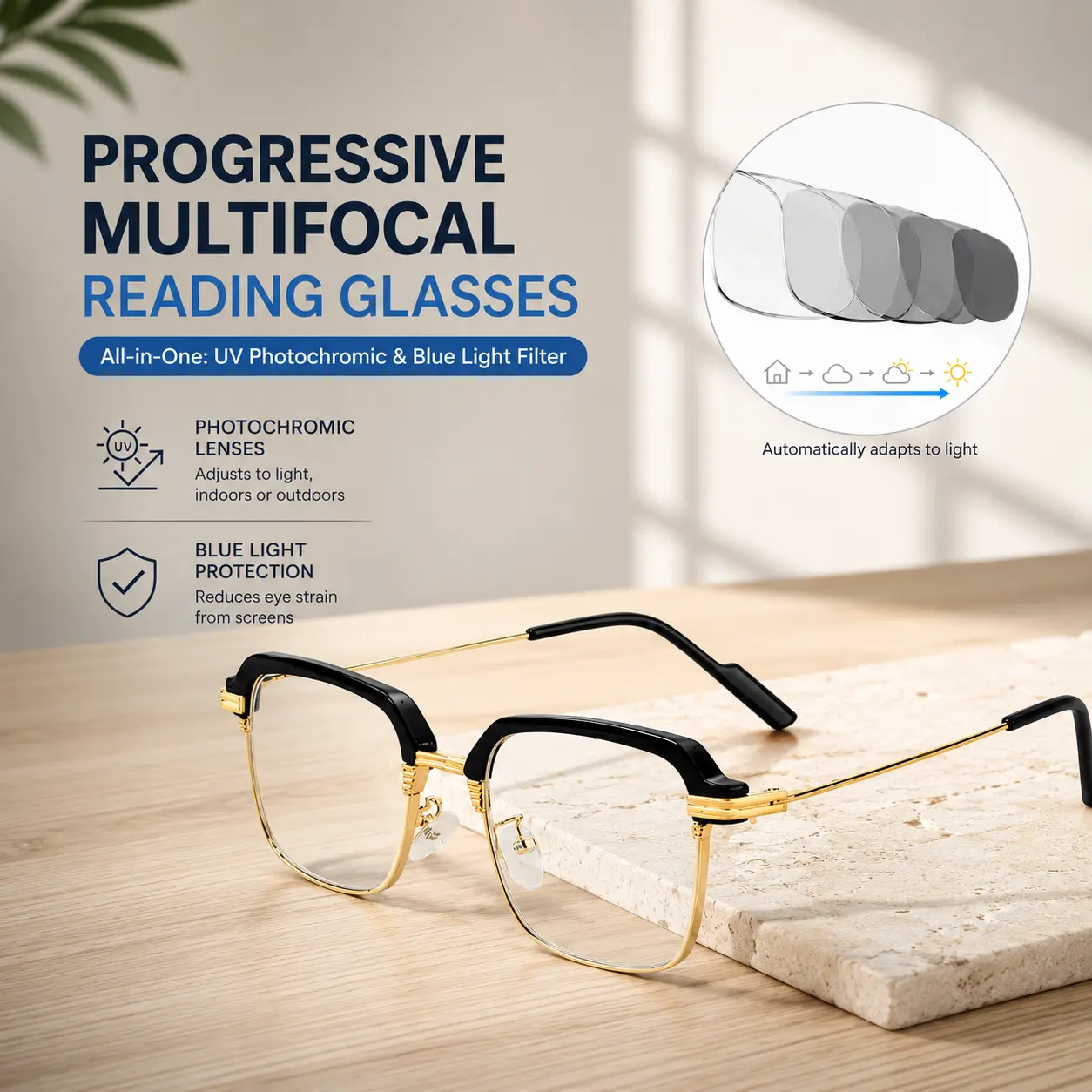 Photochromic Blue Light Blocking Reading Glasses, Lightweight Classic Frame, UV400 Protection, Indoor & Outdoor Readers, All-Day Comfort, Reduces Screen Time Strain