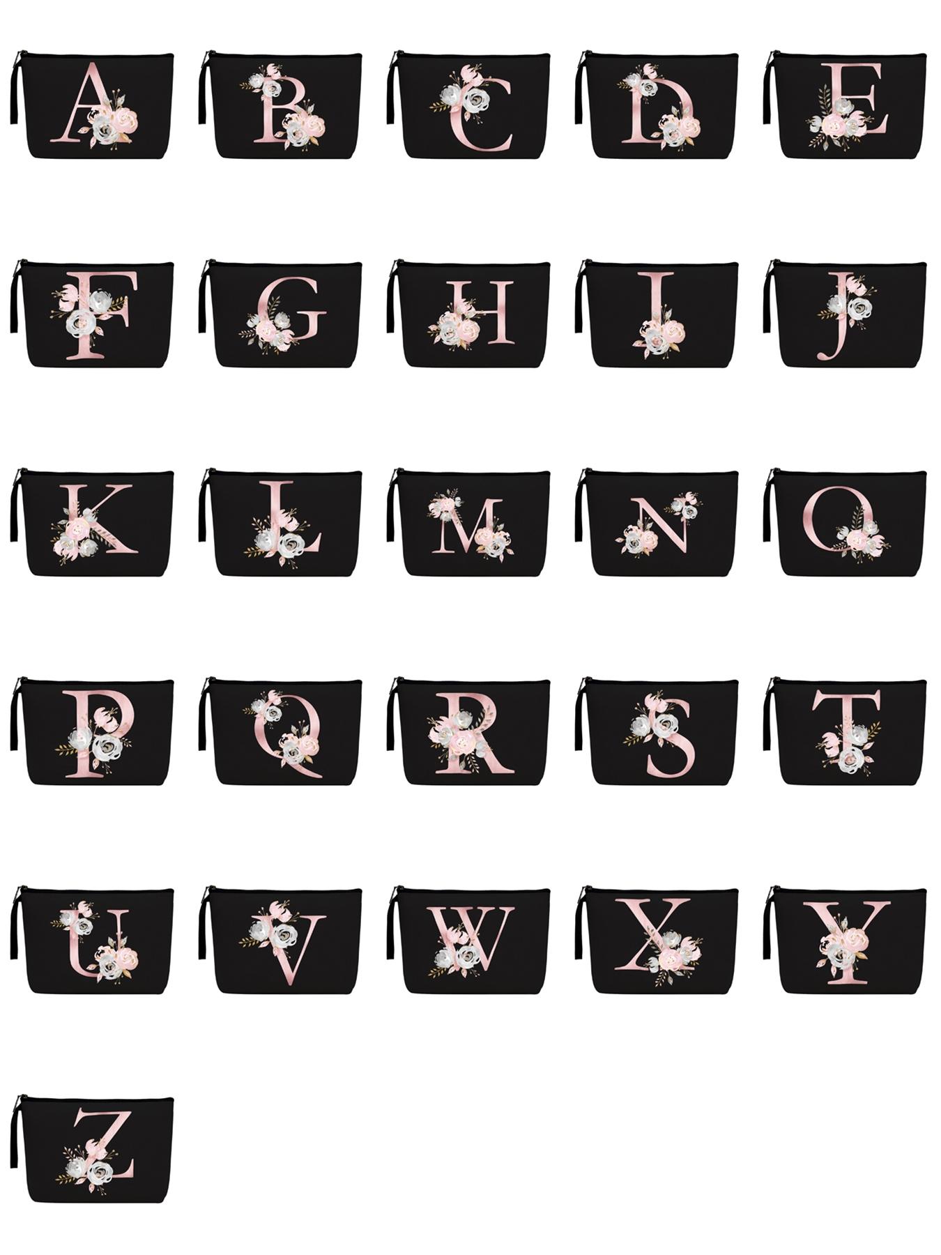 Floral Pattern Portable Makeup Bag, Initial Letter Print Cosmetic Bag, Canvas Cosmetic Organizer Pouch, Makeup Bag for Travel, Travel Essentials, Makeup Storage Bag