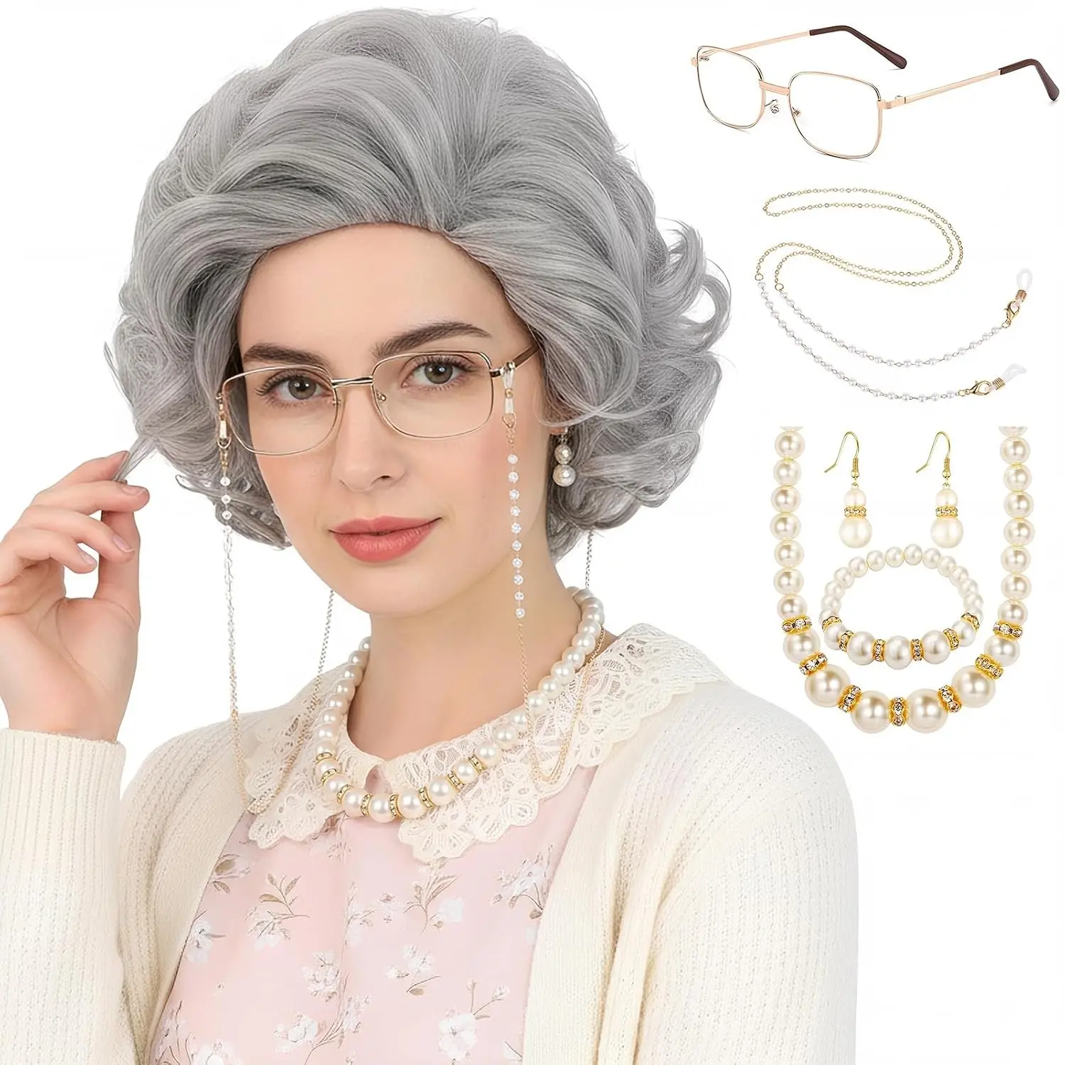 Women's Old Lady Costume Set with Short Curly Silver Grey Grandma Wig and Glasses for Granny Cosplay Halloween PartyGift