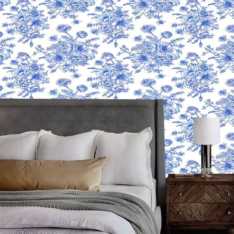 Fresh & Simple Blue White Rose Floral Peel and Stick Decorative Wallpaper, Flower Wallpaper Removable Self Adhesive Contact Paper for Bedroom, Cottagecore Aesthetic Wall Decor Roll, Perfect Housewarming Gift for Flower & Home Decor Lovers