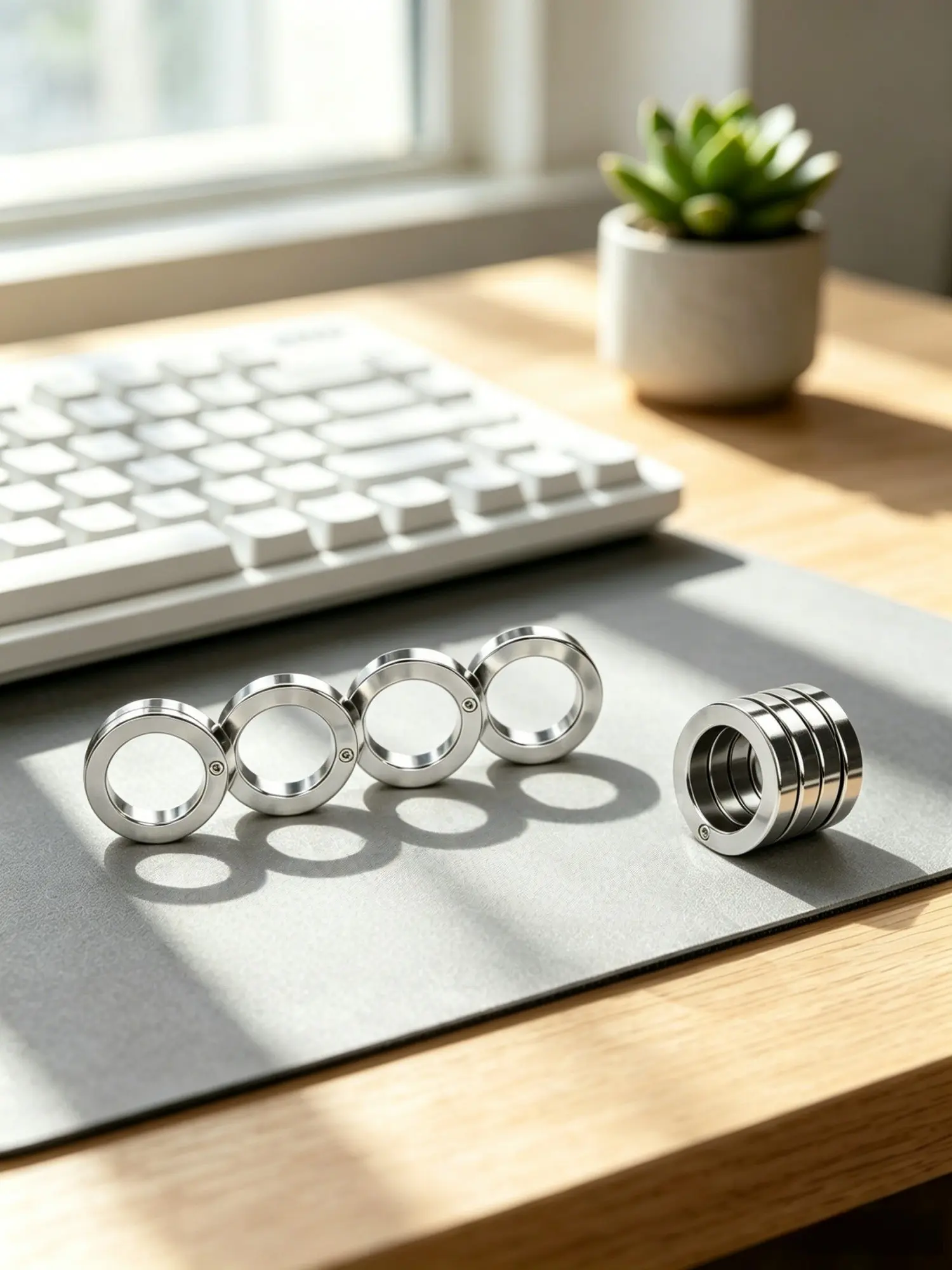 1pc Stainless Steel 4-Finger Stackable Spinning Fidget Rings, Stress Anxiety & ADHD Relief Sensory Toy, EDC Gadget for Adults & Kids, for Office Desk, Classroom, Party, Activities, Decoration, Great Birthday Gift for Boys & Friends Gym Fun Ring