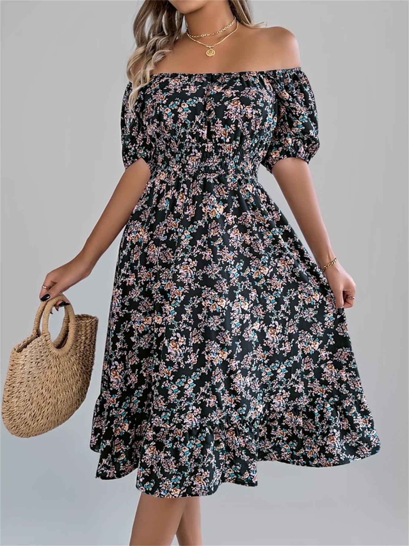 Women's Ditsy Floral Print Shirred Ruffle Hem Dress, Boho Fashion Square Neck Puff Sleeve Knee Length Dress for Holiday Daily Wear, Ladies Dress for Summer