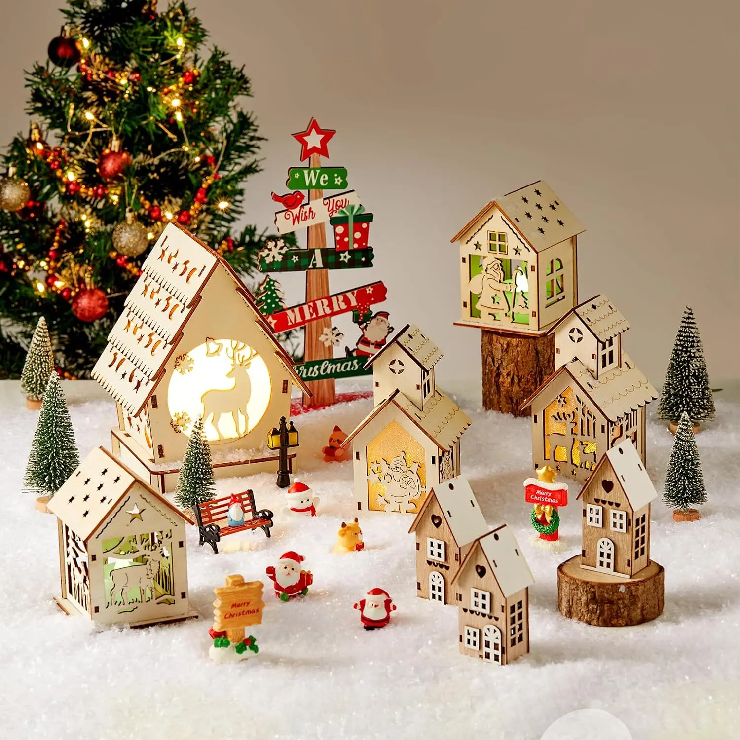 29 count Christmas Village Sets Lighted DIY Wooden Christmas Village Houses for Crafts Accessories  House to  with Xmas Miniatures Trees Winter Snow Xmas Display Ornaments Craft