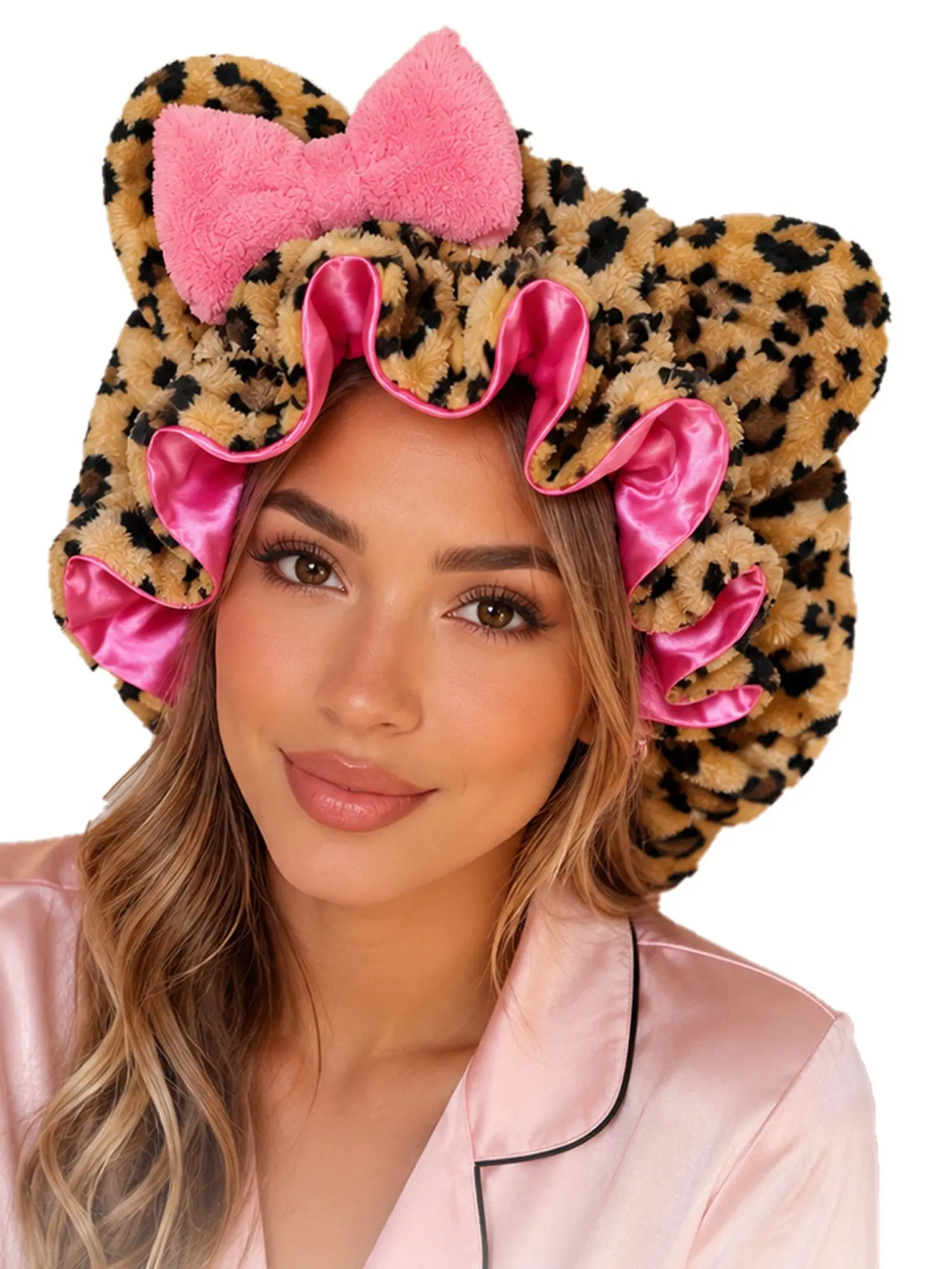 Women’s Hair Bonnet Hood, Leopard Print Pink Satin Lined Hair Wrap Cap, Soft Sleep Bonnet For Curly Hair, Braids, Natural Hair And Night Hair Care