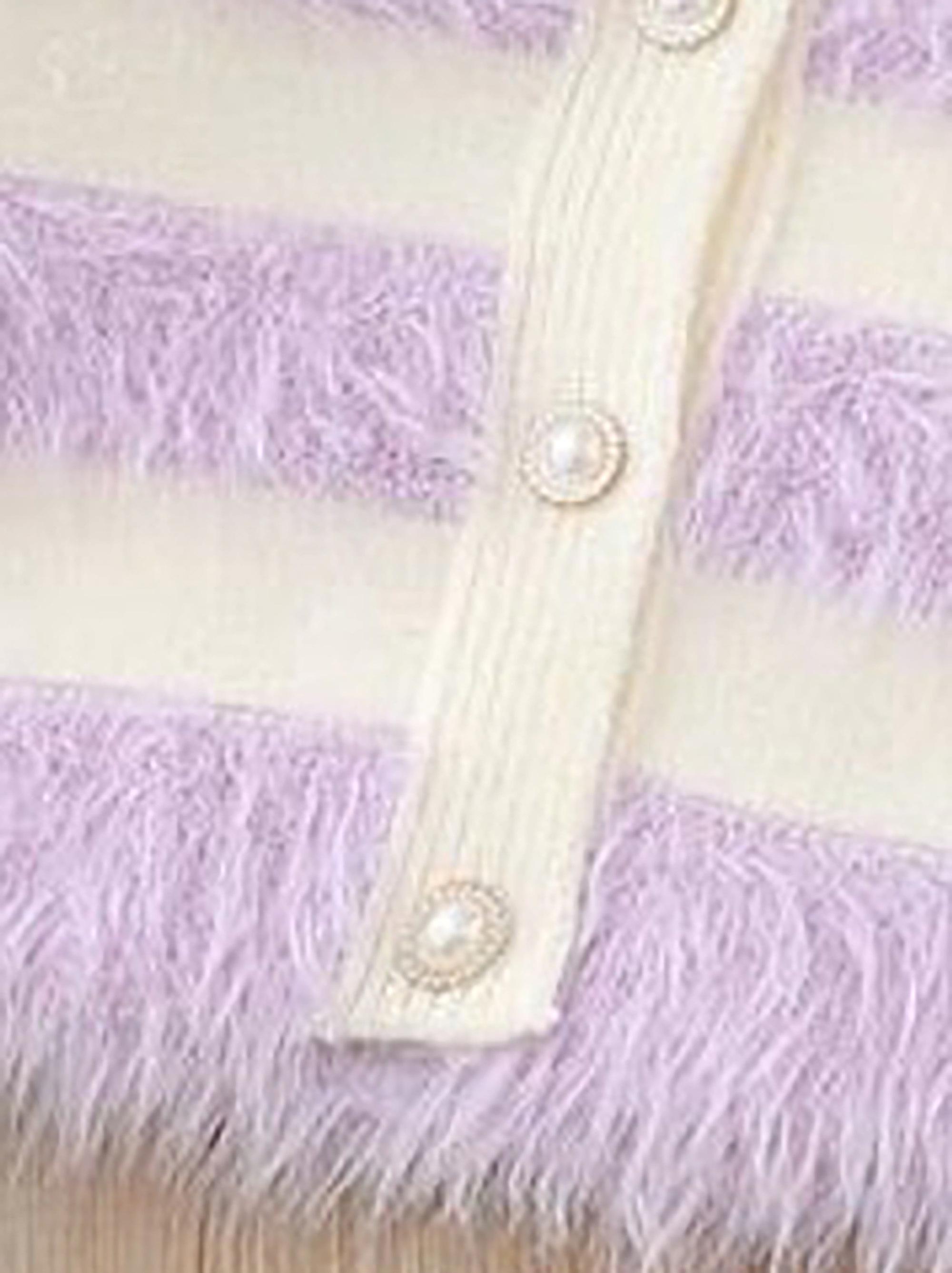 Girls' ted Knit Sweater with Plush Stripes & Pearl Buttons - Soft Pastel Purple & Contrast, Cozy Lapel Collar, Loose Fit Winter Warmth, Cute Casual Daily Wear for Fall/Winter, Easy Button-Front Closure (No Zippers) - Ideal for School & Playdates - D