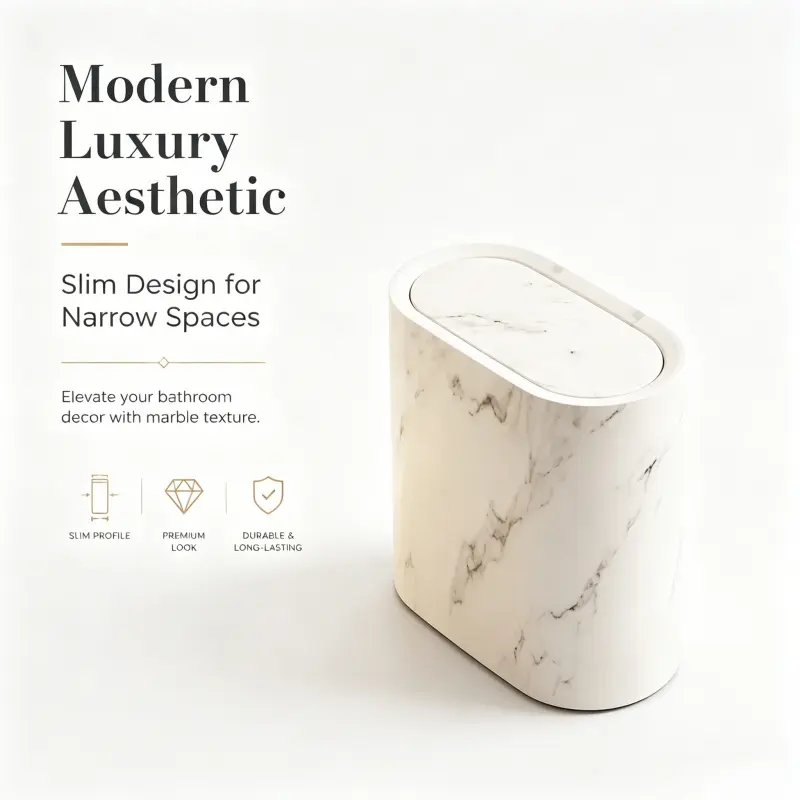 Compact Slim Marble Texture Bathroom Waste Bin Oval Narrow Profile Durable Household Trash Can For Tight Bathroom Spaces Bathroom Garbage Can