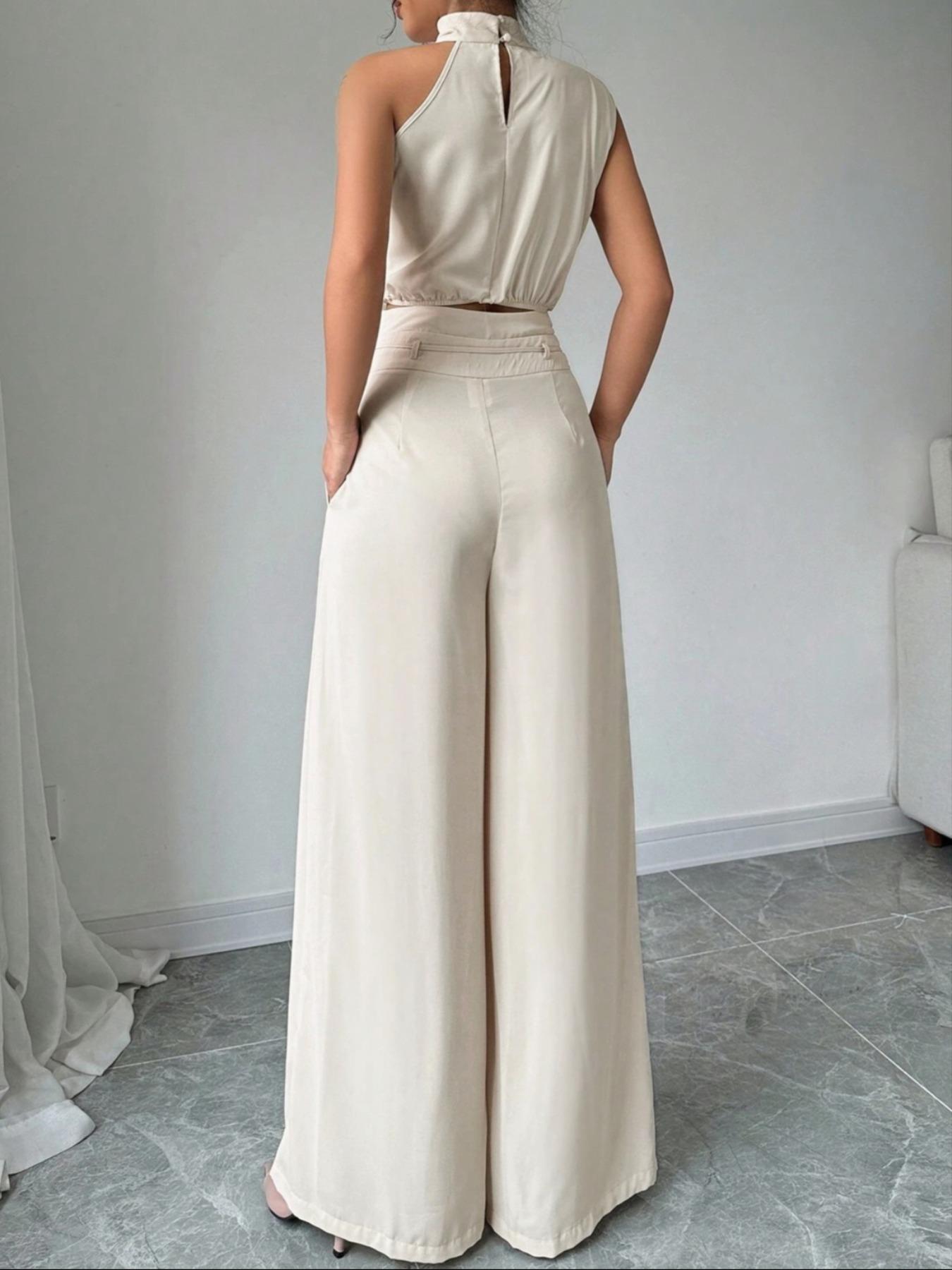 Women's Solid Color Sleeveless Crop Tank Top & Wide Leg Pants Two-piece Set Outfit, Elegant Fashion Casual Top & Trousers for Daily Outdoor Wear, Women's Clothing for Summer, Womenswear