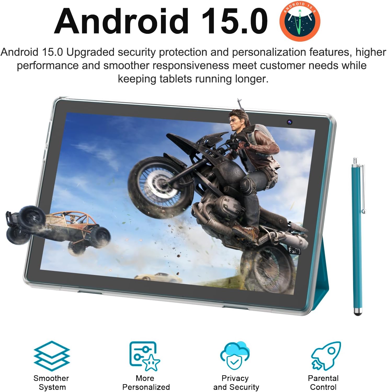 Android 15 Tablet 6GB RAM 32GB ROM with Case and Stylus 10.1 IPS HD Screen 6000mAh Battery 2MP 8MP Camera WiFi BT Navy