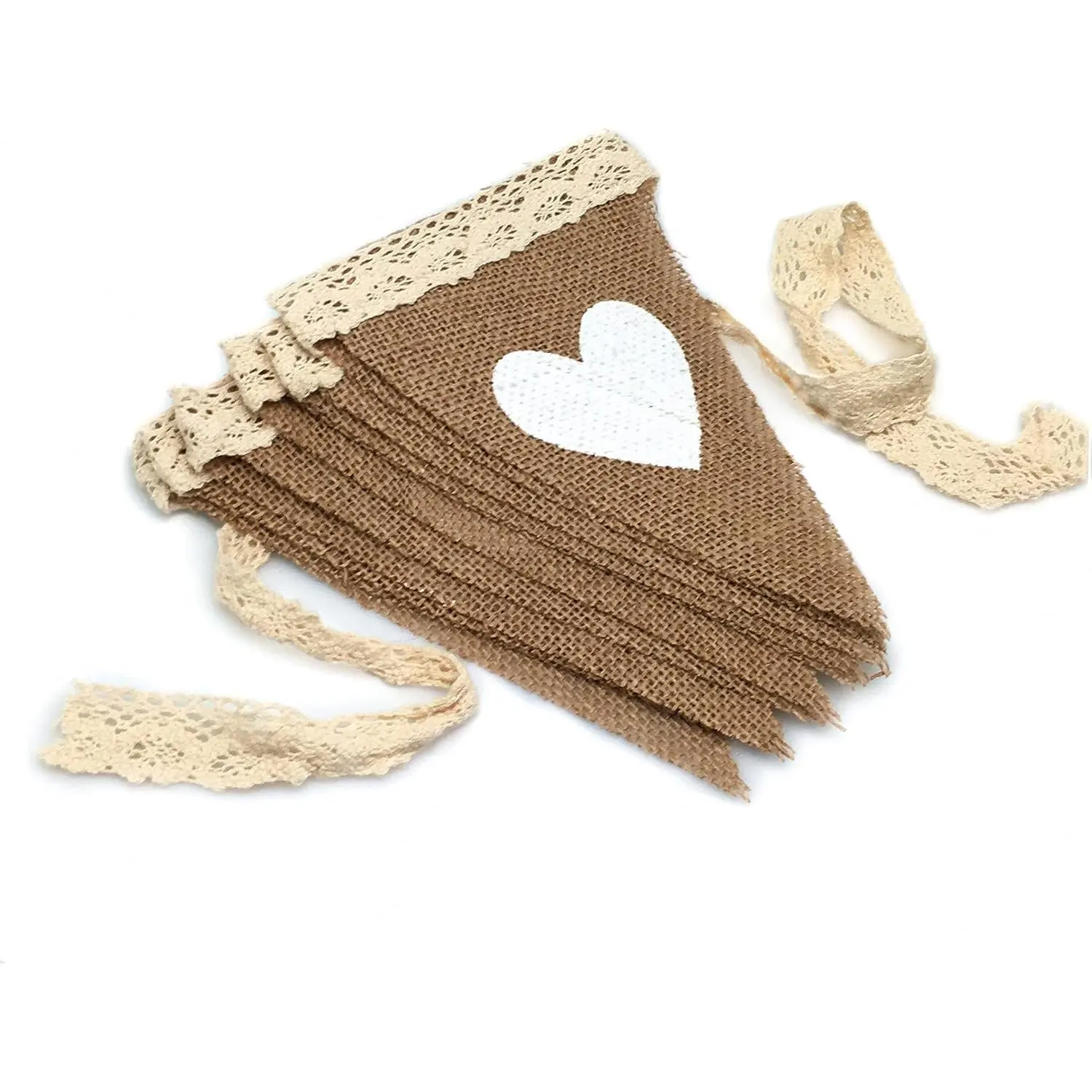 12 count  Heart Jute Burlap Bunting Banner Hessian Flag for Wedding Party Decoration White Lace 2.5m