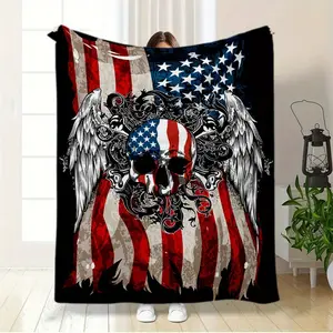 American Flag Skull & Wings Design Lightweight Flannel Throw Blanket - All-Season Soft Sofa Bed Office Picnic Travel Blanket, Contemporary Patriotic Home Decor Gift, Durable Comfort Fabric