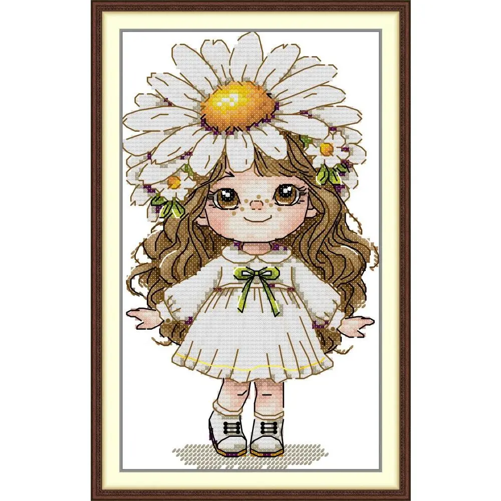 Girl's Pre-Printed Colored Thread Cross-Stitch Kit - 7.87*13.39 Inches Stamped Aida Fabric, DMC Synthetic Threads, Blueprint Guide, 2 Embroider Needles, Easy DIY Needlework Kit for Handmade Presents & Decorations